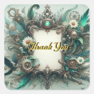 Floral Steampunk Wedding Green und Silver Quadratischer Aufkleber