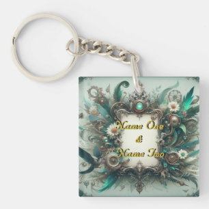 Floral Steampunk Wedding Green und Silver Schlüsselanhänger