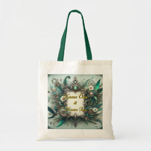 Floral Steampunk Wedding Green und Silver Tragetasche