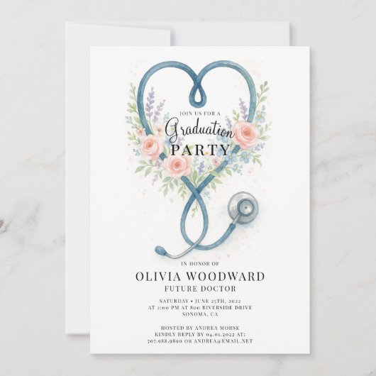 Floral Stethoscope Doctor Abschluss Einladung (Vorderseite)
