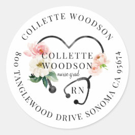 Floral Stethoscope Nurse Grad Rücksendeadresse Runder Aufkleber