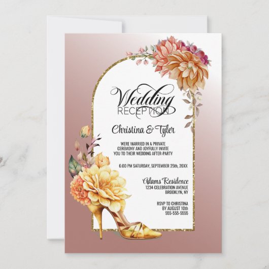 Floral Stiletto Blush Pink Arch Hochzeitsempfang Einladung (Vorderseite)