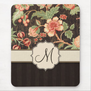Floral, Streifen und Monogramm, braun und pfirsich Mousepad