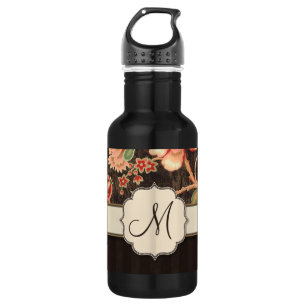 Floral, Streifen und Monogramm, braun und pfirsich Trinkflasche