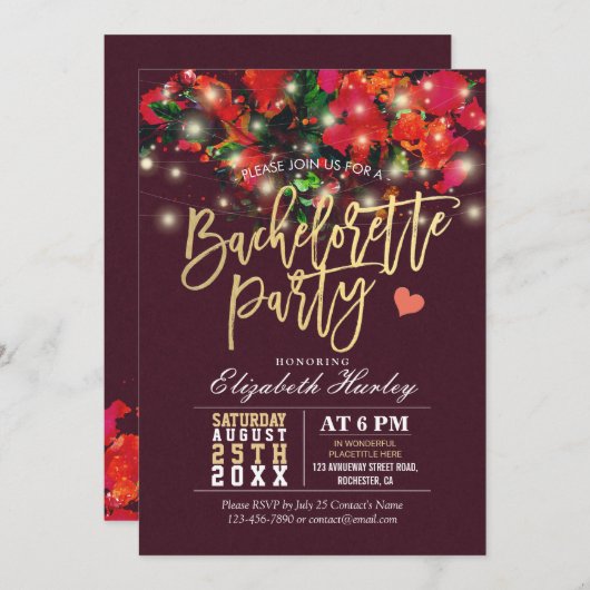 Floral String Light Gold Script Junggeselinnen-Abs Einladung (Vorne/Hinten)