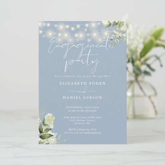 Floral String Lights Dusty Blue Engagement Party Einladung (Stehend Vorderseite)