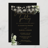 Floral String Lights Gold Black Engagement Party Einladung (Vorne/Hinten)