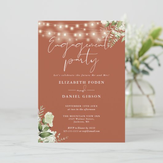 Floral String Lights Terracotta Einladung (Stehend Vorderseite)