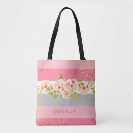 Floral Stripe Pink Peony Ranunculus Faux Gold Foil Tasche