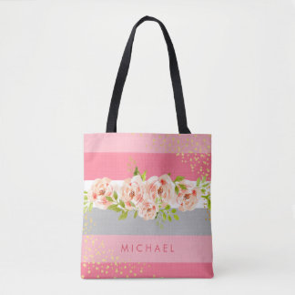 Floral Stripe Pink Peony Ranunculus Faux Gold Foil Tasche