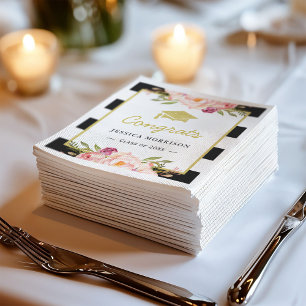 Floral Stripes Glam Congrats Grad Graduation Party Serviette