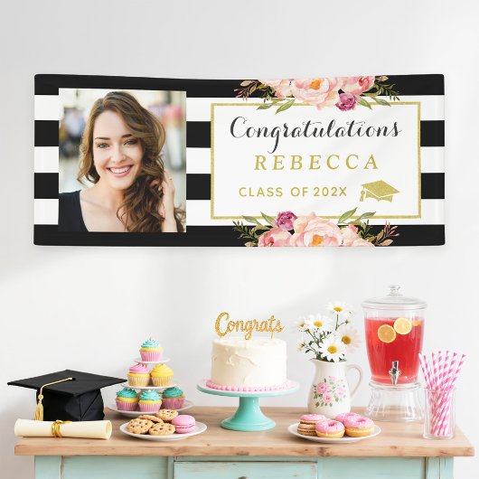 Floral Stripes Glam Glückwunschs Grad Abschluss Fo Banner