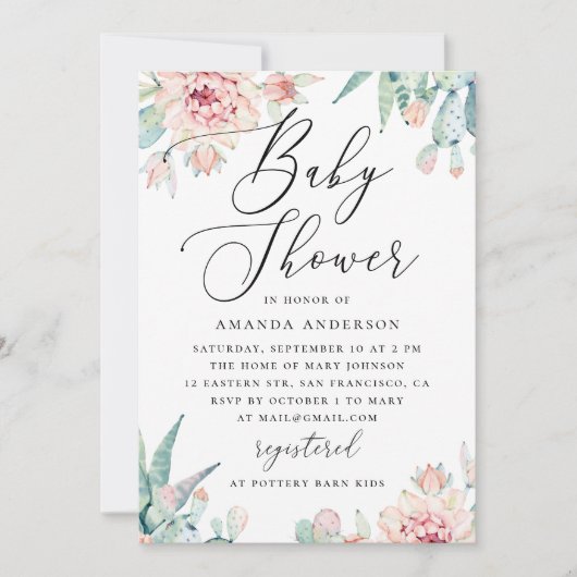 Floral Succulent Baby Shower | Elegant Boho Cactus Einladung (Vorderseite)