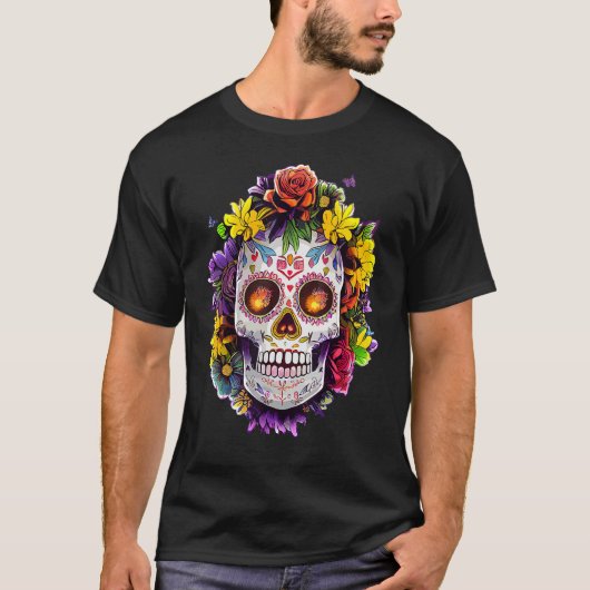 Floral Sugar Skull Day of the Dead Dia De Muertos T-Shirt (Vorderseite)