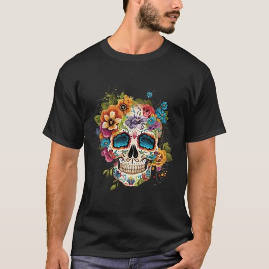 Floral Sugar Skull Dia De Los Muertos Gothic Day O T-Shirt (Vorderseite)
