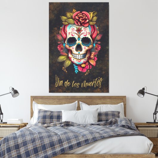 Floral Sugar Skull Día de los Muertos Spanisch Leinwanddruck (Insitu (Schlafzimmer))