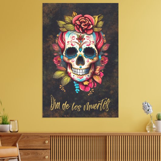 Floral Sugar Skull Día de los Muertos Spanisch Leinwanddruck (Insitu (Wohnzimmer))