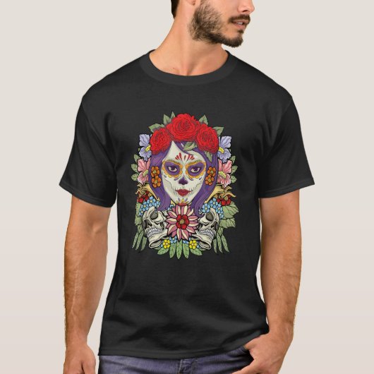 Floral Sugar Skull Dia De Muertos Women T-Shirt (Vorderseite)