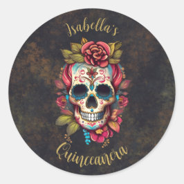 Floral Sugar Skull Quinceanera Geburtstag Runder Aufkleber