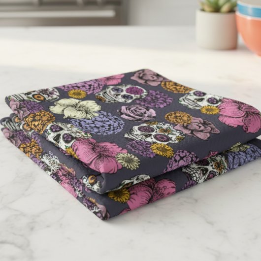 Floral Sugar Skulls Dia de los Muertos Geschirrtuch