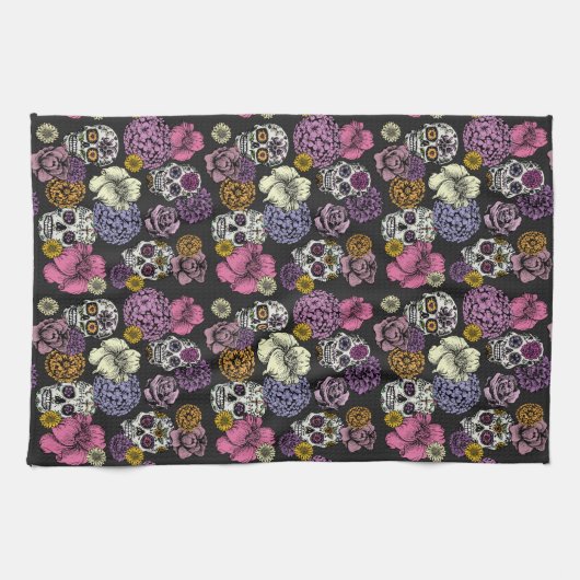Floral Sugar Skulls Dia de los Muertos Geschirrtuch (Horizontal)