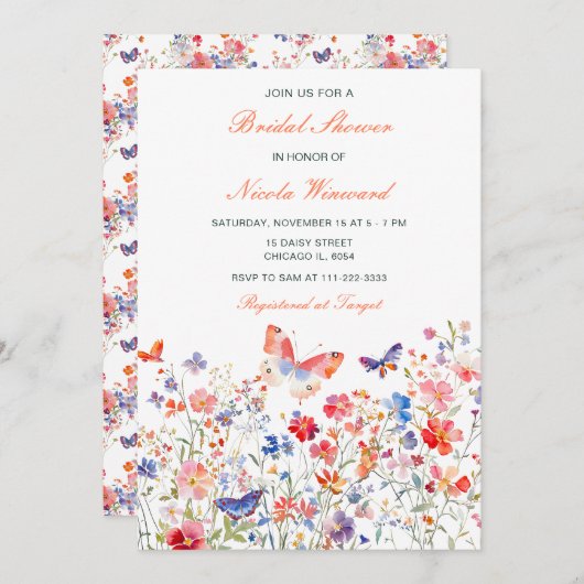 Floral Summer Butterfly-Brautparty Einladung (Vorne/Hinten)