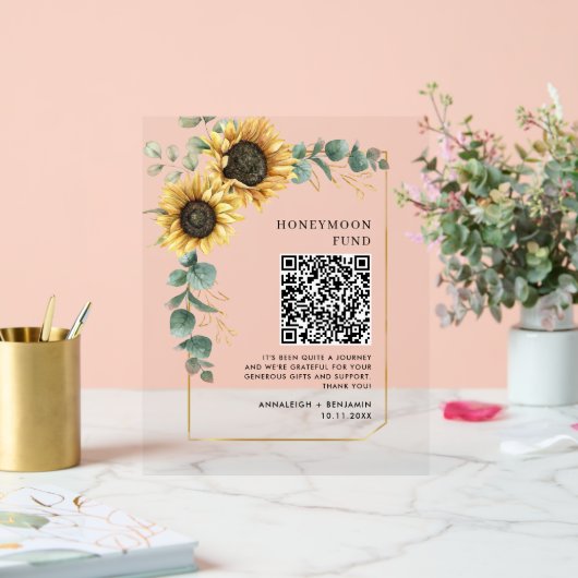 Floral Sunflower Eucalyptus Honeymoon Fund QR Code Acrylschild (Hochzeit)