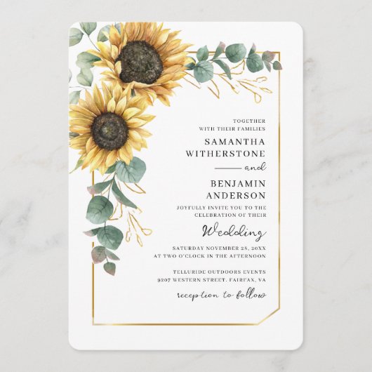 Floral Sunflower Eucalyptus QR Code Wedding Einladung (Vorderseite)