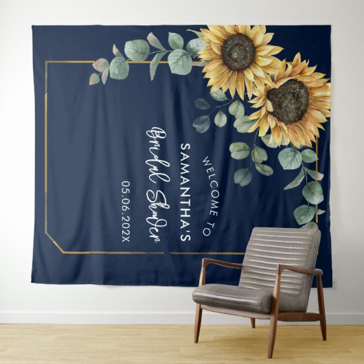 Floral Sunflower Eukalyptus Script-Brautparty Wandteppich (Beispiel (Horizontal))