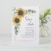 Floral Sunflower Eukalyptus Script Save The Date (Stehend Vorderseite)