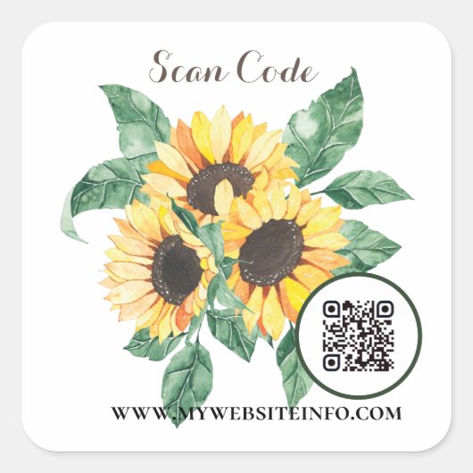 Floral Sunflower QR Code Business Square Sticker (Vorderseite)