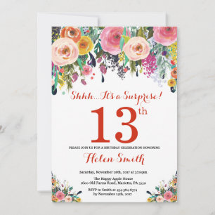 Floral Surprise 13. Geburtstagseinladung Rot Einladung