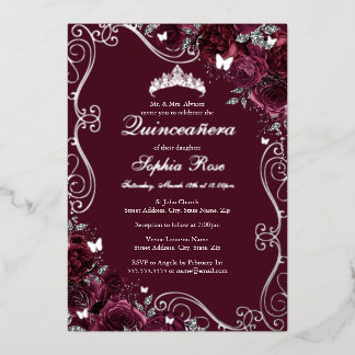 Floral Swirl Butterfly Burgundy Quinceanera Folieneinladung