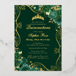 Floral Swirl Butterfly Emerald Quinceanera Foil Folieneinladung