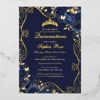 Floral Swirl Navy Gold Butterfly Quinceanera Folieneinladung