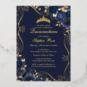 Floral Swirl Navy Gold Butterfly Quinceanera Folieneinladung (Vorderseite)