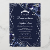 Floral Swirl Navy Silver Butterfly Quinceanera Folieneinladung (Vorderseite)