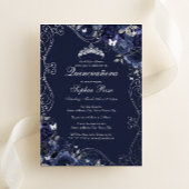 Floral Swirl Navy Silver Butterfly Quinceanera Folieneinladung