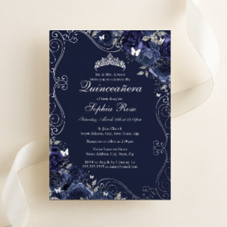 Floral Swirl Navy Silver Butterfly Quinceanera Folieneinladung