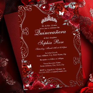 Floral Swirl Red Silver Butterfly Quinceanera Folieneinladung