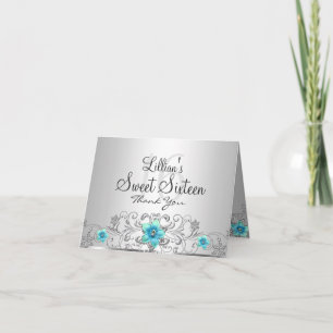 Floral Swirl Teal Silver Sweet 16 Thank You Card Dankeskarte