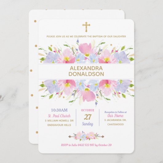Floral Taufe Christening Girl Einladung (Vorne/Hinten)