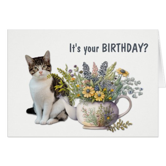 Floral Tea Kettle Cat Meowy Birthday (Vorderseite (Horizontal))