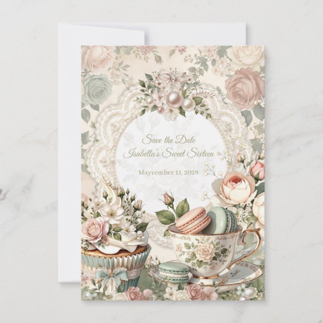 Floral Tea Party Sweet 16 Save the Date Card (Vorderseite)
