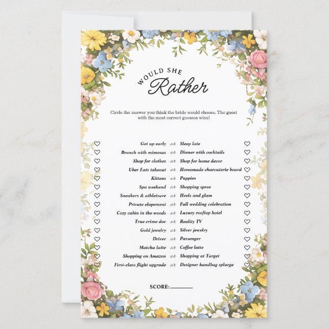 Floral Tea Party Would She Rather Bridal Game (Vorderseite)