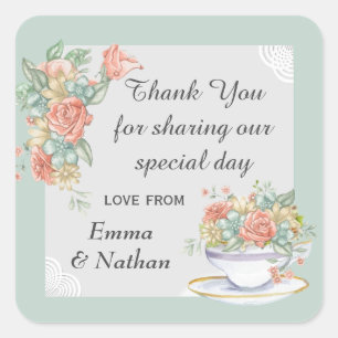 Floral Teacup Elegante Custom Vielen Dank Nachrich Quadratischer Aufkleber