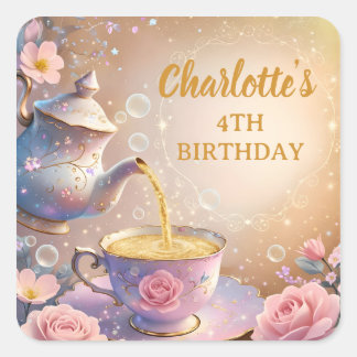 Floral Teacup & Teapot - Pastel Elegant Tea Party Quadratischer Aufkleber