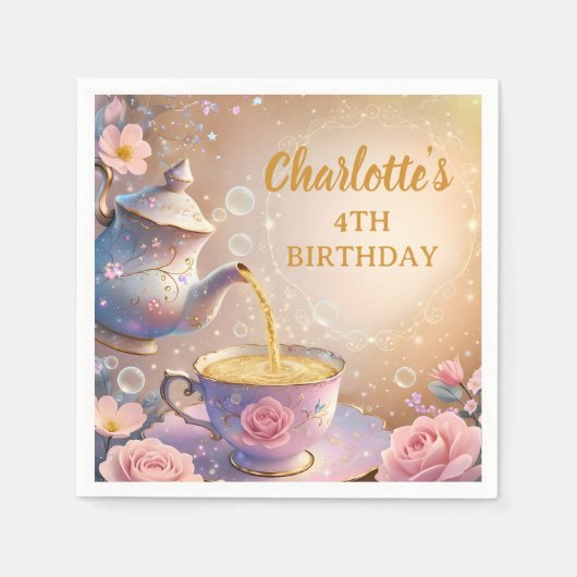 Floral Teacup & Teapot - Pastel Elegant Tea Party Serviette (Vorderseite)