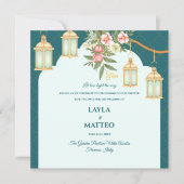 Floral Teal Blue Golden Lantern Wedding Ankündigung (Vorderseite)