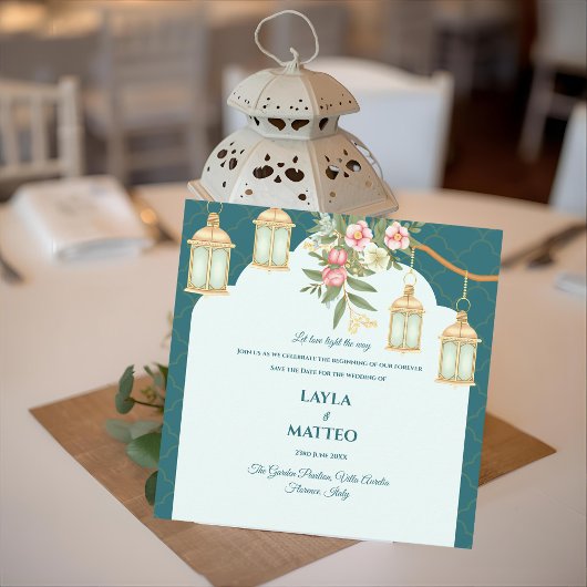 Floral Teal Blue Golden Lantern Wedding Ankündigung